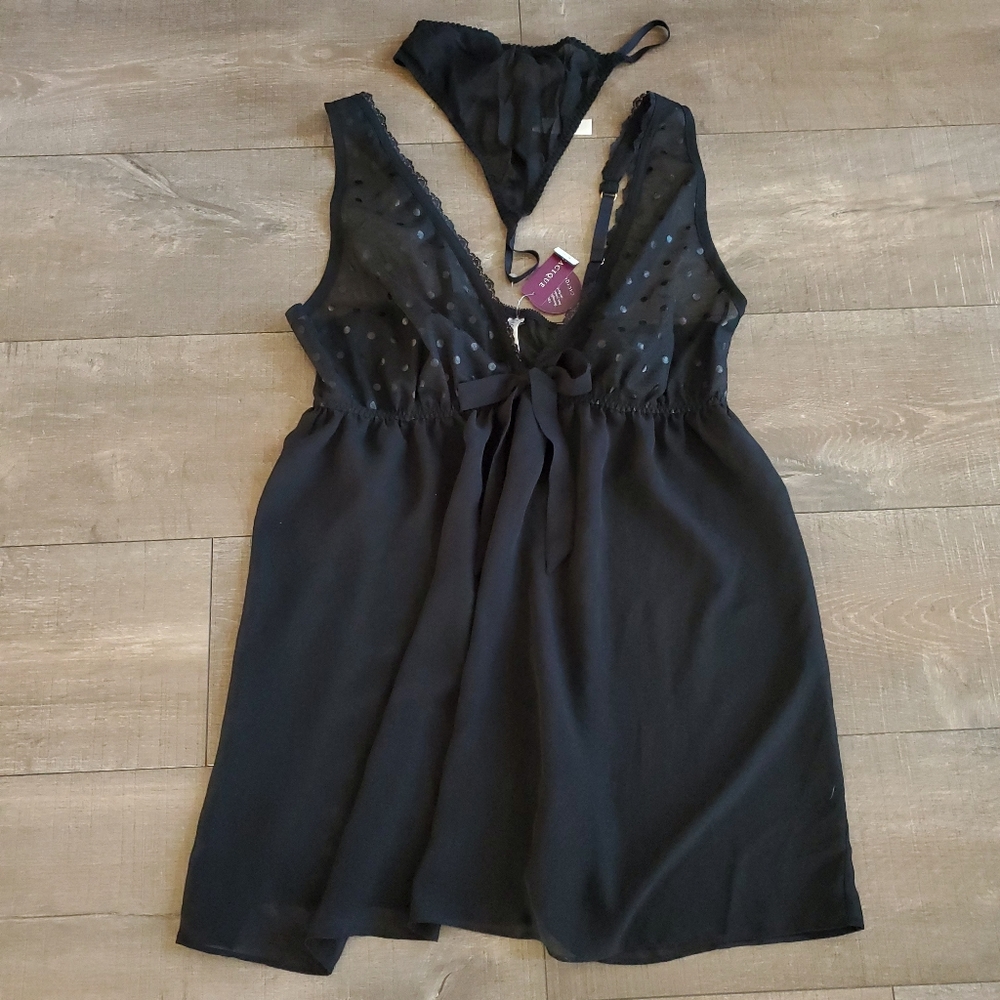 Cacique Intimates Women's Black Sexy Sheer Babydoll Nightie Set Size 14/16